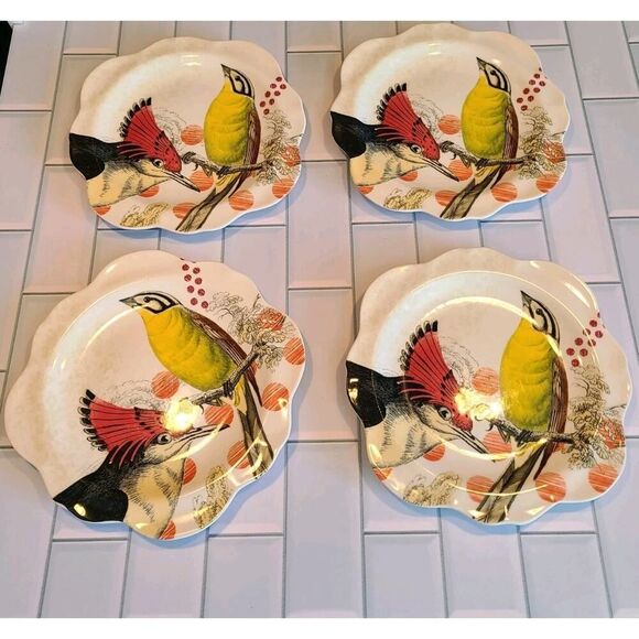 Anthropologie "On Safari" Salad Plates Scalloped Edge Birds Set of 4, Y2K EUC - Picture 2 of 10
